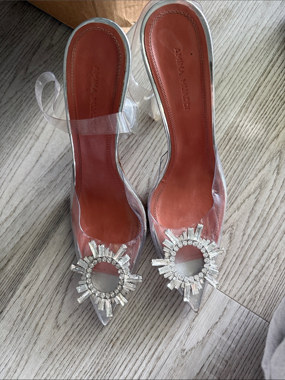 Amina Muaddi Transparent Crystal-Embellished Slingback Pumps
